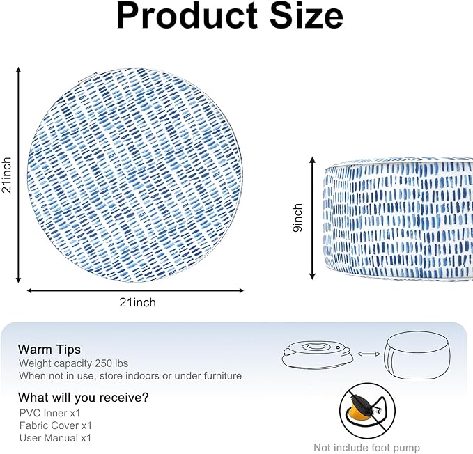 Inflatable Ottoman Stool D21 xH9 for Outdoor/Indoor Use, Water Repellent Patio Foot Rest Stool with Portable Handle,Round Pouf Ottoman Suitable for Garden,Deck and Camping - Pebble Blue