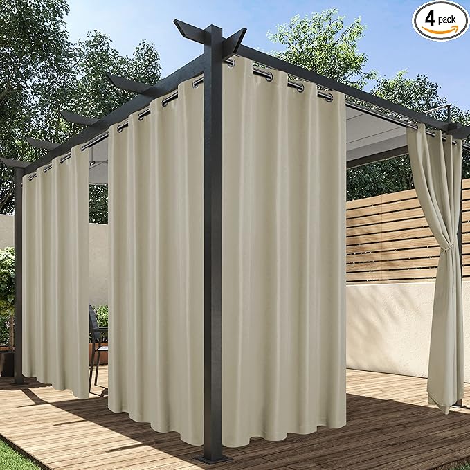 HolidayIdeas Outdoor Curtains for Patio Waterproof, 4 Panels - 54 x 84 Inch - Privacy Protection & Light Filtering Curtains Taupe Grommet Outside Curtains for Porch, Gazebo, Pergola, Backyard