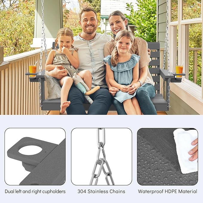 Plawdlik Porch Swings,2 Seat Patio Chair with Two Cup Holders,HDPE Waterproof Bench for Courtyard-Grey