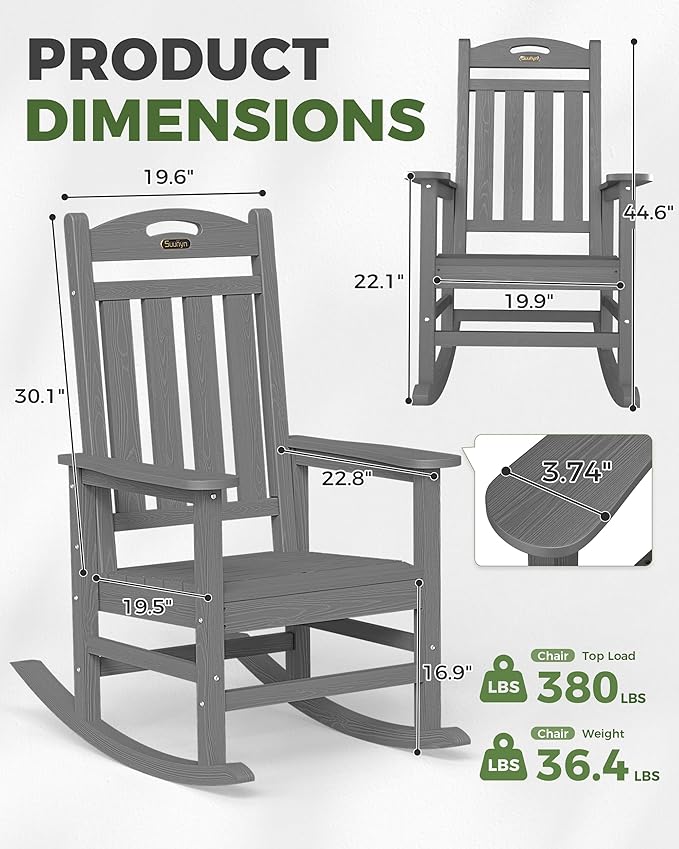 Oversized Rocking Chair Outdoor, High Back Porch Rocker Chair, HDPE All Weather Resistant Rocking Chairs for Patio, 380lbs Weight Capacity, Grey