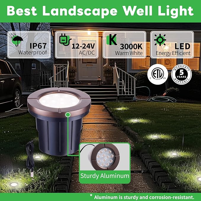 Landscape Well Light Kit, 8 Pack LED Low Voltage In Ground Lights and 100W Transformer and 100FT Cable and 30 Wire Connectors, IP67 Waterproof 12V Outdoor, Aluminum for Sidewalk Tree Path
