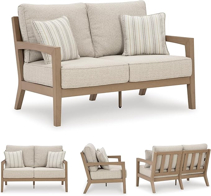 Signature Design by Ashley Hallow Creek Cottage Nuvella Weather Resistant Fabric Outdoor Loveseat with Cushion and 2 Throw Pillows, Light Brown & Beige