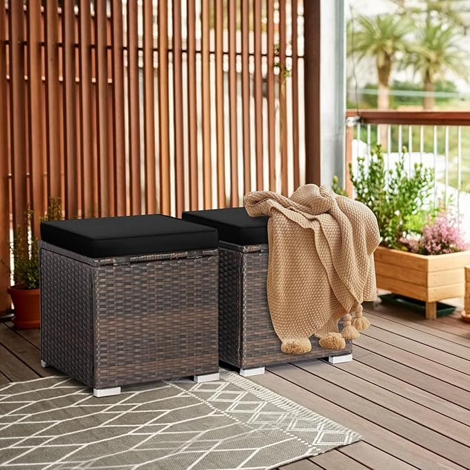 RELAX4LIFE Wicker Outdoor Storage Ottoman, 2-Piece Rattan Footstool w/Removable Cushion, Multipurpose Footrest Stool Side Table Additional Seating, Set of 2 Outdoor Ottomans for Patio Deck (Black)