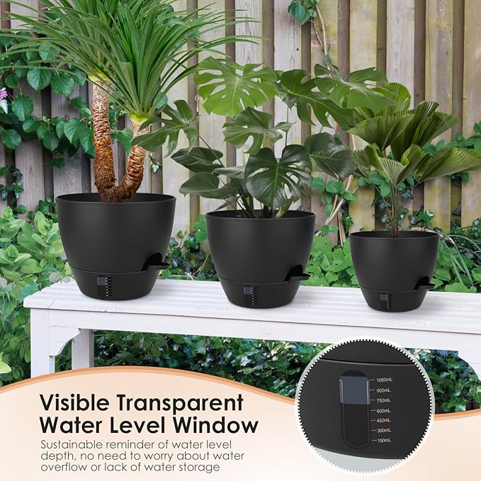 Self-Watering Plant Pots with Water Level Indicator, Drainage Holes & Saucers – 12/10/9 Inch Large Plastic Planter Set for Indoor & Outdoor Plants (Pure Black)