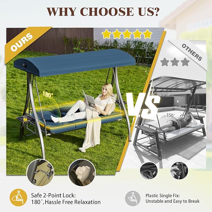 Upgrade 180° Convertible Outdoor Swing for Adults, Outdoor Porch Swing with Stand 800lb Bearing Capacity, 3-Seat Outdoor Swing with Canopy Adjustable, Thickened Cushions (Square, Blue)