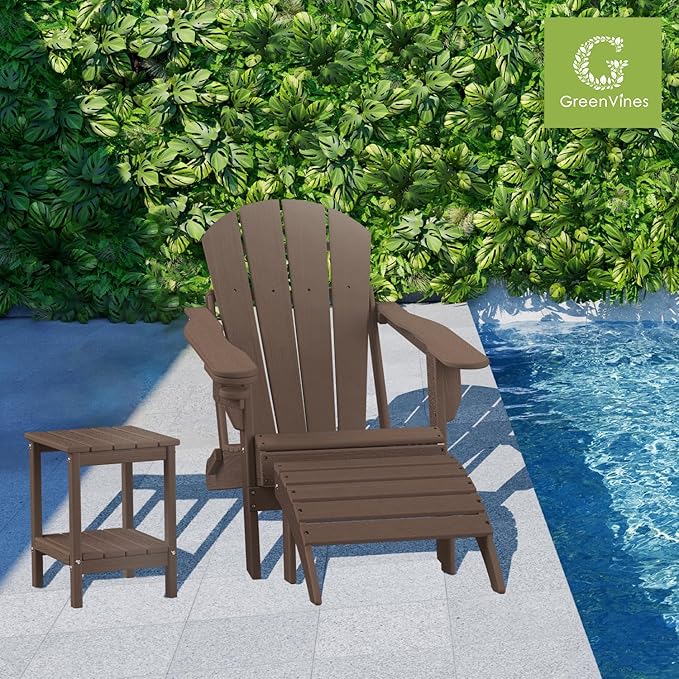 GREENVINES Adirondack-Outdoor-Side-Table | Set of 2 | Wood Grain | 14 x 13 Inches | HDPE Plastic | All Weather | Dark Brown | Outside End Tables | Storage Shelf | for Patio
