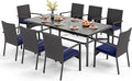 PHI VILLA 9 Pieces Outdoor Dining Set for 8, Rectangle Large Metal Iron Table with Umbrella Hole & Cushioned Wicker Chairs, Large Dining Furniture for Patio, Deck, Yard, Porch