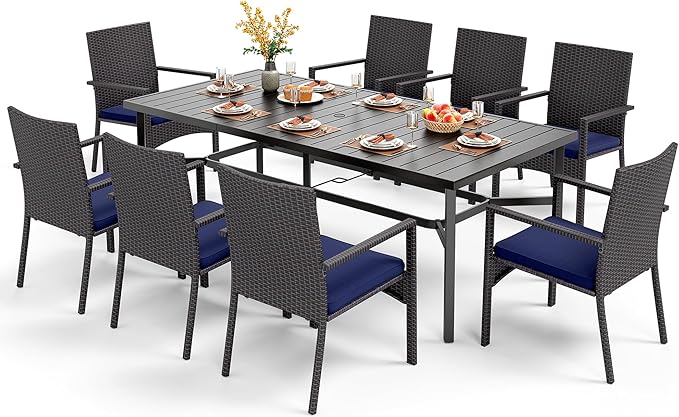PHI VILLA 9 Pieces Outdoor Dining Set for 8, Rectangle Large Metal Iron Table with Umbrella Hole & Cushioned Wicker Chairs, Large Dining Furniture for Patio, Deck, Yard, Porch
