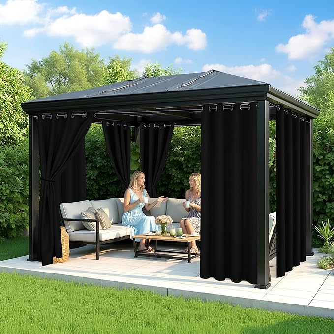 Black Outdoor Curtains for Patio Waterproof - 8 Panels Privacy Weatherproof Outside Curtains with Grommets for Pergola, Gazebo, Porch, Cabana, Balcony, 54 x 95 Inch