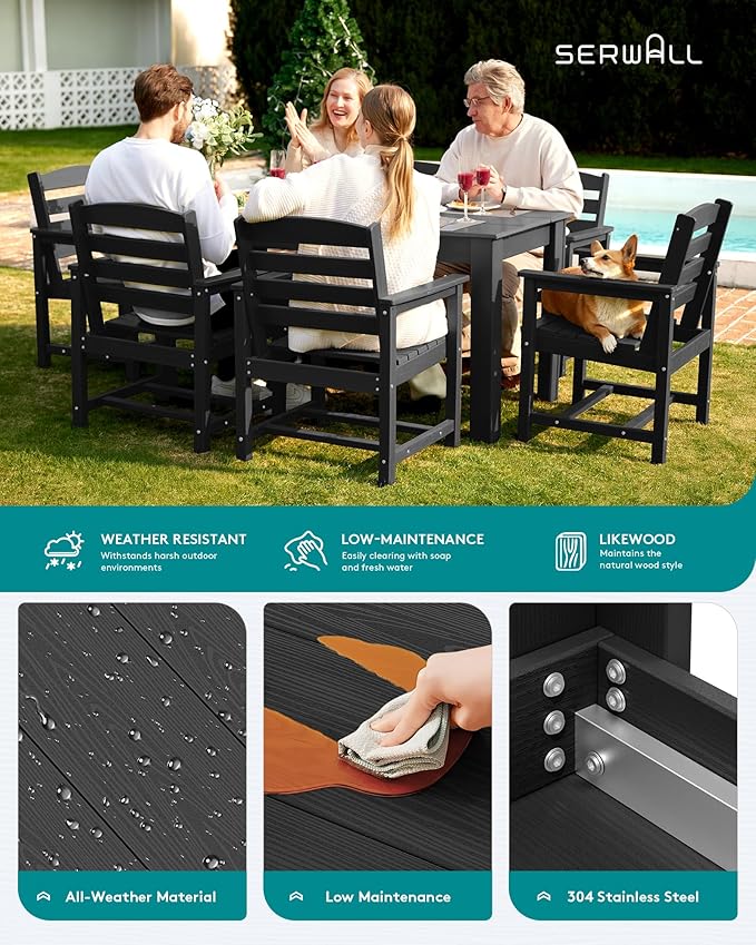 SERWALL Patio Dining Sets for 8, Outdoor Dining Sets for 8 Person with 2 Umbrella Hole Cut-Out Rectangular Tables and 8 Chairs, HDPE Dining Sets for Garden, Backyard, Poolside, Black