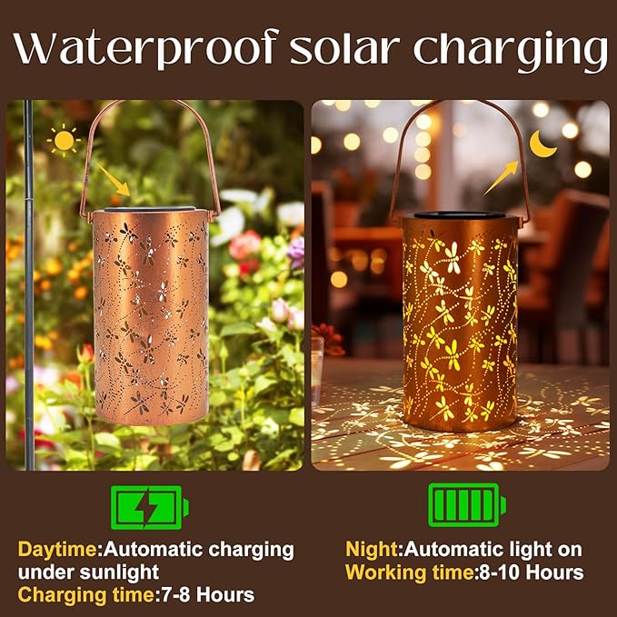 4 Pack Solar Lanterns Outdoor Hanging Lantern Lights, Dragonfly Hollowed-Out Metal Decor Lantern, Waterproof LED Decorative Garden Light - Delicate Garden Decoration for Patio, Yard