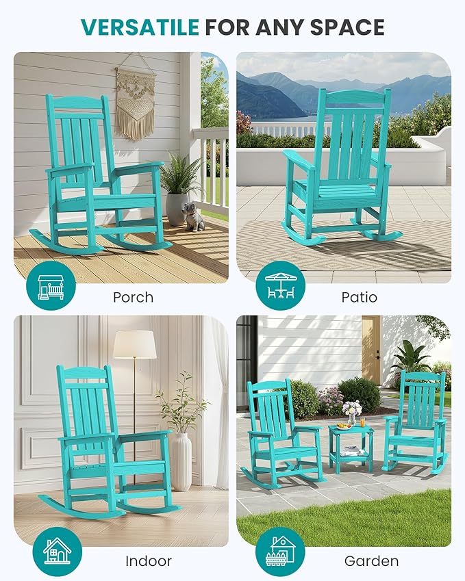SERWALL HDPE Outdoor Rocking Chair Set of 2, Patio Rocking Chairs, All-Weather Porch Rockers for Adults, Aruba Blue