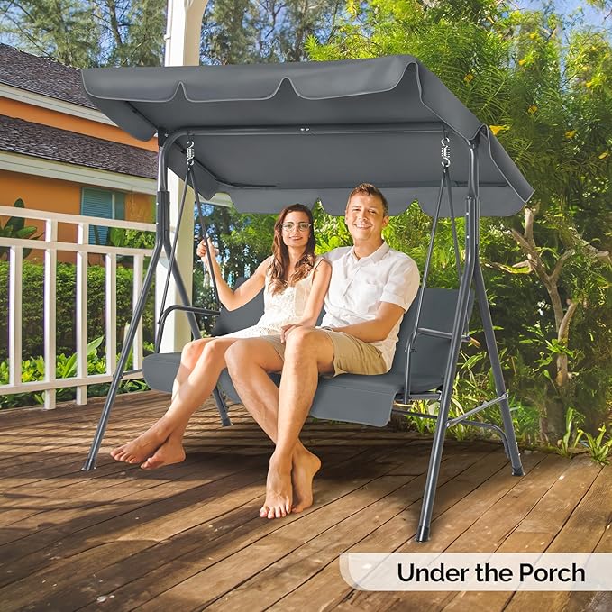 VINGLI Heavy Duty 550 LBS Upgraded 2 Person Outdoor Porch Swing with Stand, Adjustable Canopy Swing with Cushions & Steel Frame for Yard, Pool, Lawn, Indoors (Grey)