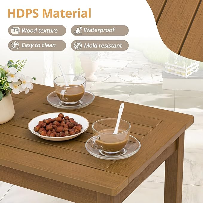 LUE BONA Outdoor Coffee Table Rectangle, HDPS Patio Coffee Tables for Outside, All Weather Patio Coffee Table with Slatted Tabletop for Deck, Garden, Balcony, Indoor or Outdoor Use, Teak