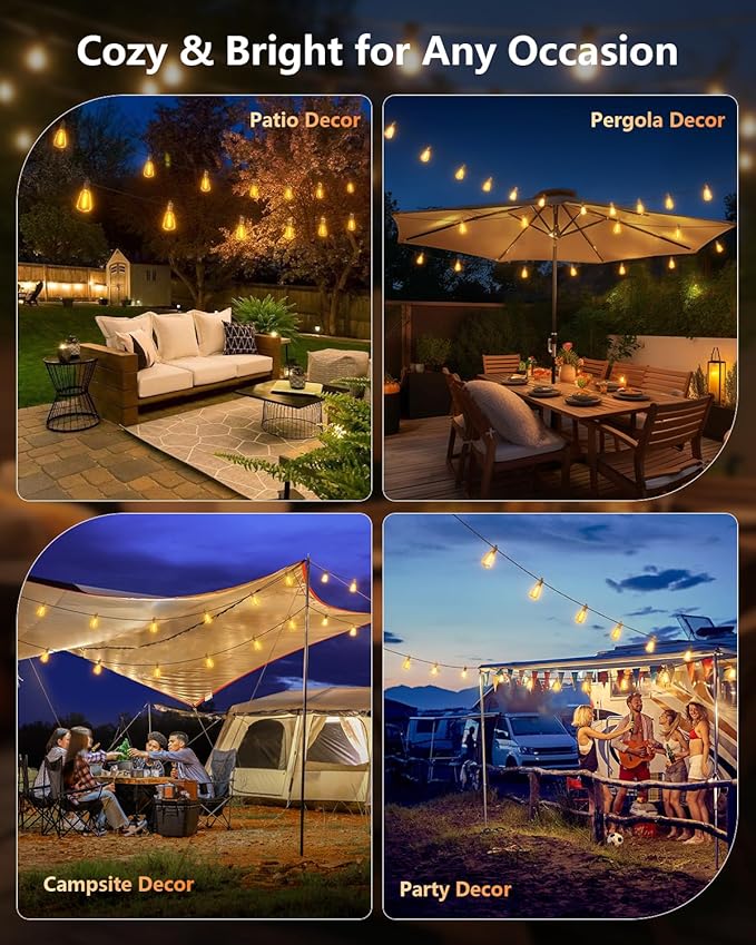 Brightown 151FT Solar String Lights Outdoor Waterproof with Remote, 48+2 LED Shatterproof Bulbs, Dimmable & Timable, 3 Light Modes - Commercial Grade Patio Lights for Garden Backyard Party Decor