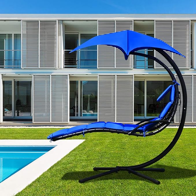 Giantex Hanging Chaise Lounger Chair, Arc Stand Porch Swing Chair w/Canopy, Cushion Built-in Pillow, Outdoor Freestanding Swing Hammock Chair for Patio Poolside Backyard Garden (Navy)