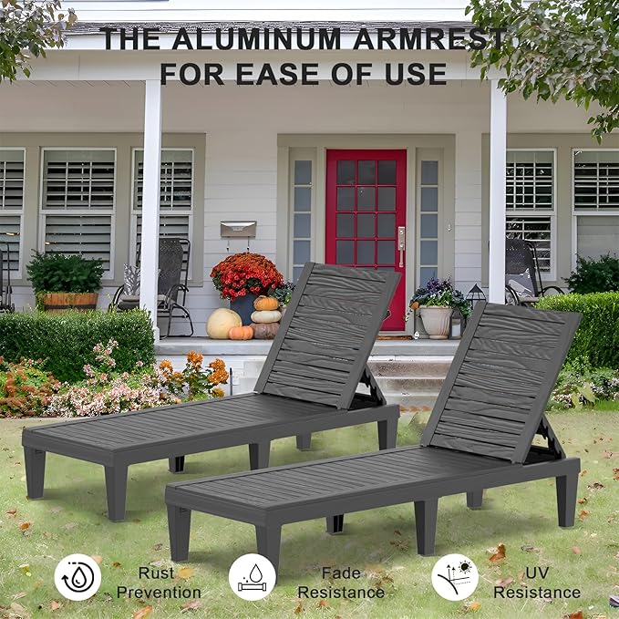 ROJIK Outdoor Chaise Lounge Chair Set of 2,with 5-Position Adjustable Backrest,Waterproof & Lightweight | Durable Indoor/Outdoor Patio Lounger Chair for Garden Pool Beach,Black