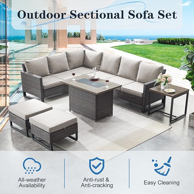 Belord Outdoor Sectional Sofa 6 Seater L Shaped Couch Wicker Patio Conversation Furniture Set Rattan Outdoor Furniture with Removable Washable Cushion, Brown/Grey