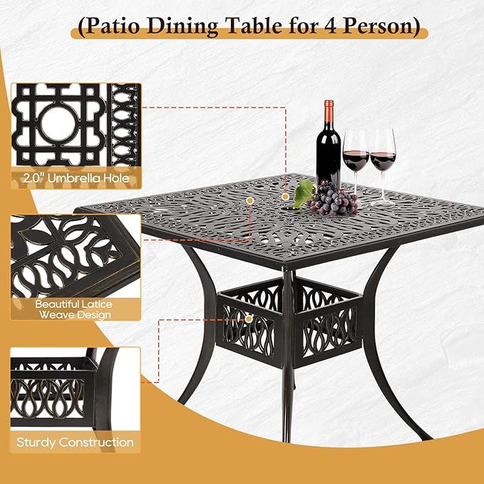 Cast Aluminum Outdoor Patio Dining Set, All Weather Outdoor Furniture Dining Set for Patio, Balcony, Lawn, Garden, Backyard (1 Square Table+ 4 Dining Chairs)