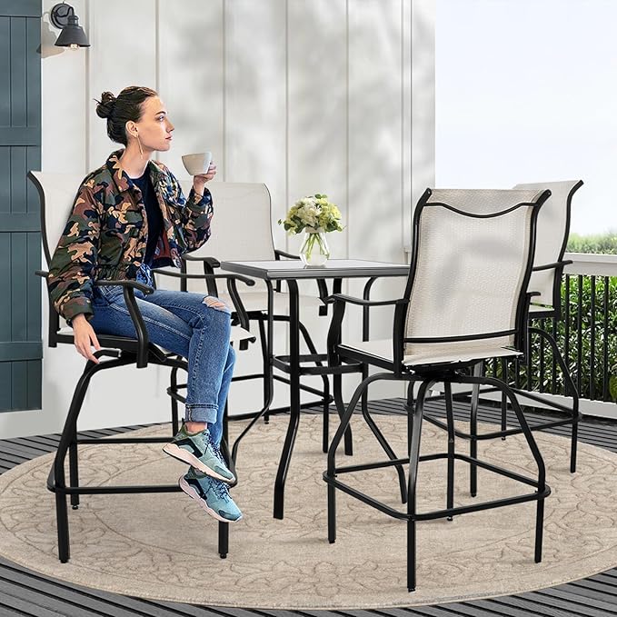 LEVELEVE Patio Bar Set 5pcs Swivel Bar Stools Outdoor Bistro Textilene Furniture Stability All-Weather Set with Height Table (5, Beige Fabric)