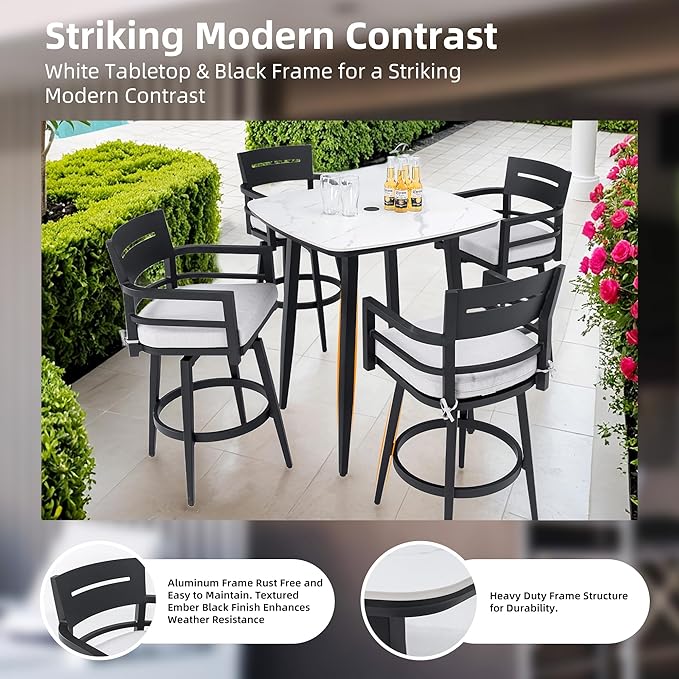 Modern 5PCS Outdoor Patio Bar Set, Rounded Square Sintered Stone Table & 4 Swivel Bar Chairs, Rust-Free Aluminum Frame, Ember Black, Marble-Inspired Top, Bearing Swivel Plate, Tapered Legs