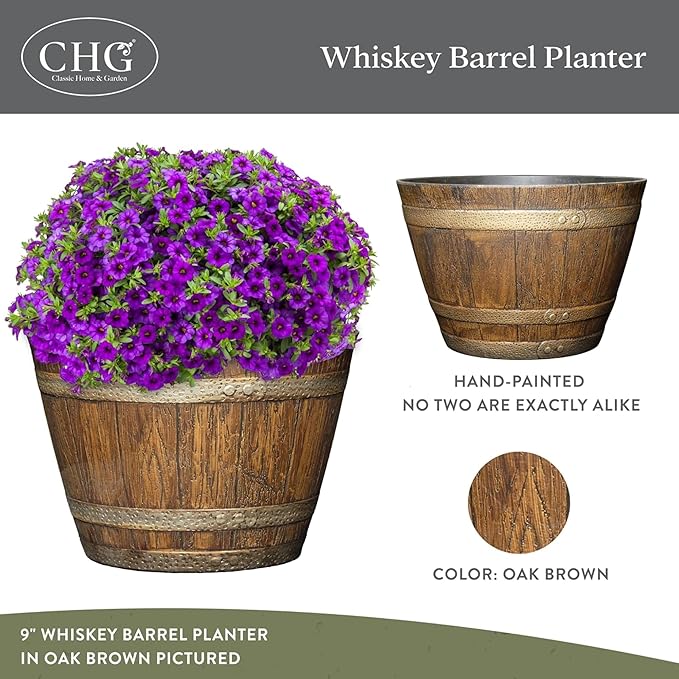 Classic Home and Garden Whiskey Plastic Resin Flower Pot Barrel Planter, Oak Brown, 20.5" (4 Pack)