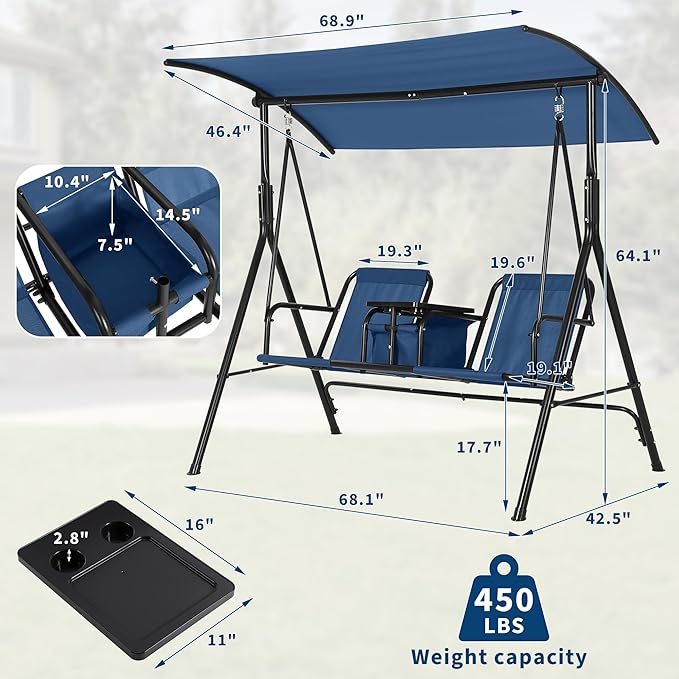 2-Person Porch Swing with Cup Holders, Pivot Storage Table & Cooler Bag, Adjustable Canopy, Black Steel Frame Outdoor Patio Swing for Backyard, Balcony & Poolside