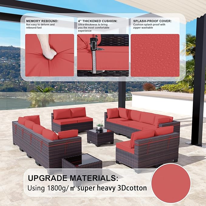 Kullavik 14 Pieces Outdoor Patio Furniture Set,Sectional Rattan Sofa Set Brown PE Rattan Wicker Patio Conversation Set with Tempered Glass Coffee Tables and Washable Cushions Covers,Red
