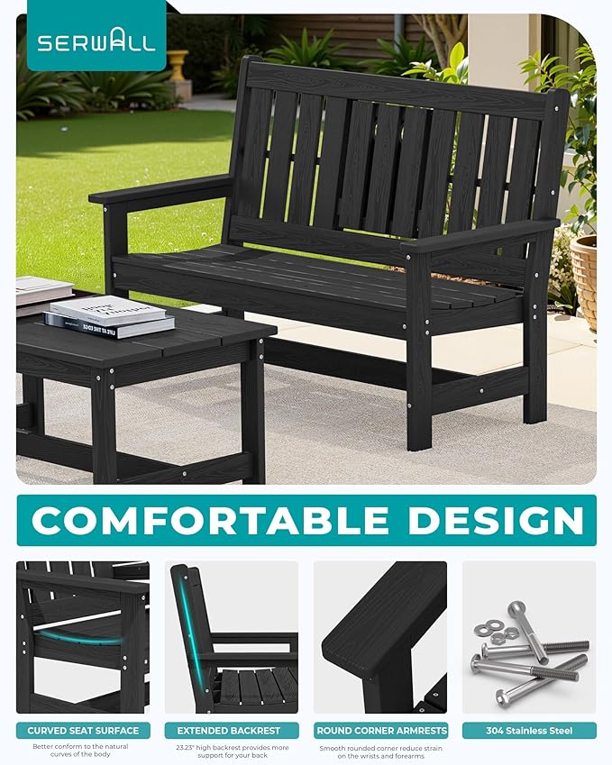 SERWALL Outdoor Bench with Cup Holder, 58" HDPE Garden Park Bench Suitable for 3 Person, All Weather Patio Benches with High Backrest and Wide Armrests for Garden, Park, Yard, Front Porch, Black