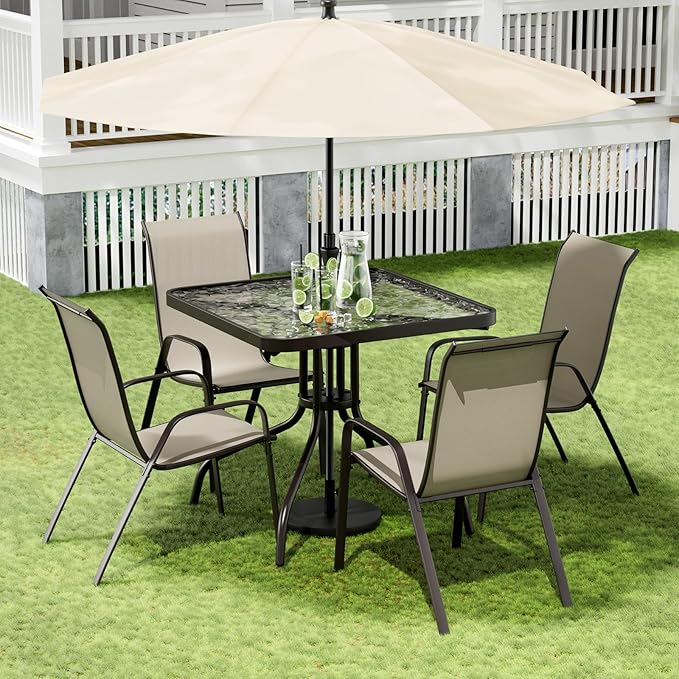 Arlopu 5 Piece Outdoor Patio Dining Set (Umbrella not Included), Porch Furniture with 4 Textline Chairs, 1 Square Glass Table for Garden, Backyard and Poolside, Lawn (Beige)