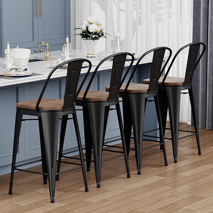 Yongqiang 30 inch Bar Stools Set of 4 Black Metal Bar Height Stools Modern Farmhouse Kitchen Island Barstools Bar Chairs with Large Wooden Seat, High Back