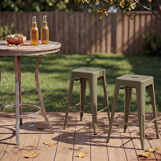 Shahoo 24 Inches Metal Bar Stools Counter Height Stackable Backless Stools, Industrial Patio Stools Indoor Outdoor Metal Kitchen Stools Set of 4 (Gun, 24'')