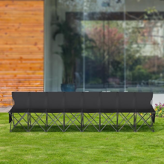 VEVOR Portable Folding Bench, 8 Seats Foldable Sideline Bench, Outdoor Camping Bench Chair with Carry Bag & Backrest, Team Sport Sideline Bench for Football Fishing, No Assembly Instant Seating, Black
