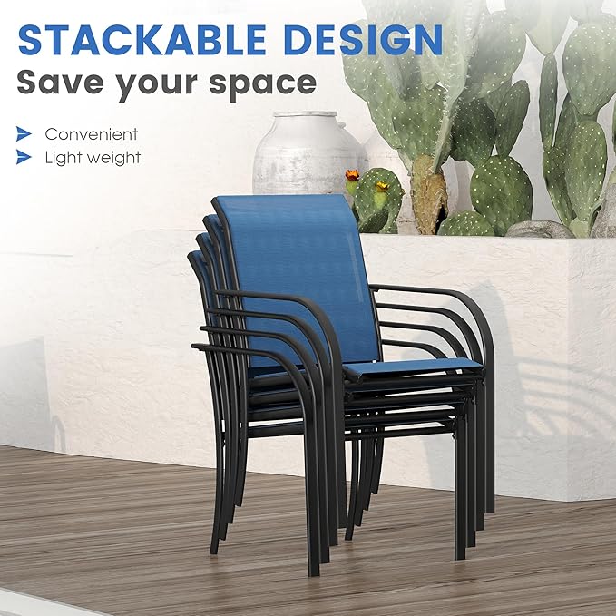 VICLLAX Patio Dining Set for 6, All Weather Metal Outdoor Furniture Set- 47" Round Patio Table and Chairs, Black Tabletop and Blue Fabric