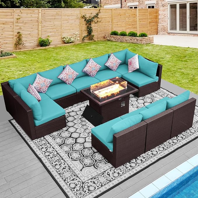 NICESOUL Modern Outdoor Couches with Firepit Table Propane/Natural Gas, 29.3'' High Back Comfy Conversation Set with Fireplace, 10 Seater Large Wide Patio Furniture Set, Brown Rattan and Teal Cushion