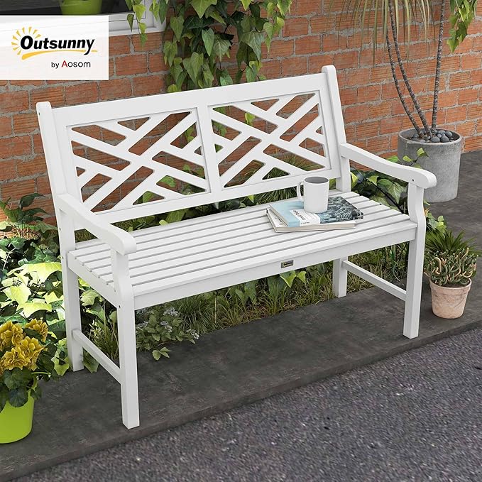 Outsunny Outdoor Garden Bench, Wooden Frame Patio Bench with Geometric Pattern, 43.25 Inch Weatherproof 2-Person Love Seat for Garden, Lawn, Porch, Yard, Work Entryway, White