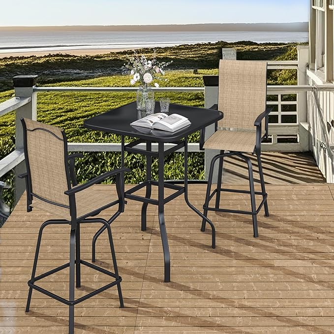 3-Piece Patio Bar Set with Textilene Swivel Bar Stools, All-Weather Bar Height Tempered Glass Table and Chairs for Lawn, Garden, Balcony, Deck, Backyard, Rustproof Frame-Light Brown