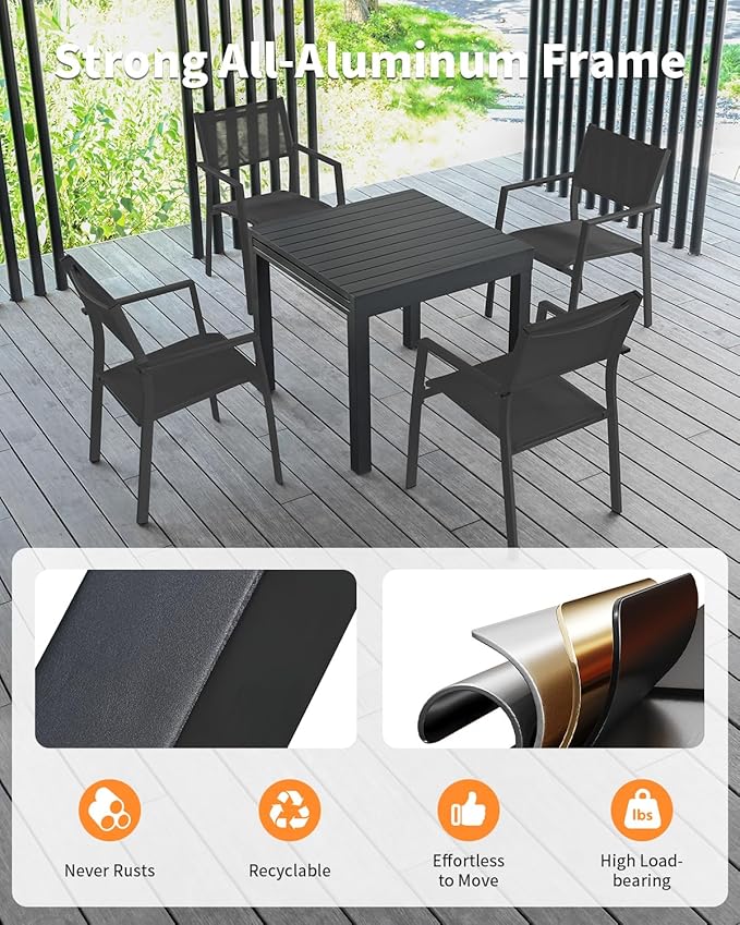 5 Pieces Outdoor Dining Set, Never-Rust Aluminum Expandable Patio Dining Table Set, 32"-65" Extendable Dining Table and Stackable Textilene Dining Chairs for Backyard, Deck, Indoor, Black