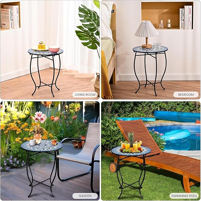 Metal Round Side Table, Weather Resistant Patio Accent Table for Indoor Outdoor Use, 14”Plant Stand for Flower Pots Vase Home Decor, Easy Assemble
