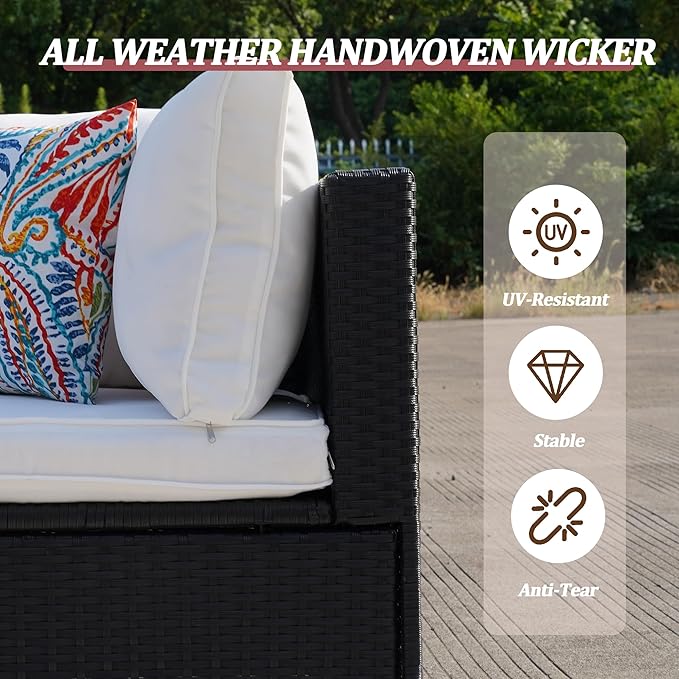7 Piece Outdoor Patio Furniture Sets, Beige Patio Sectional Furniture All-Weather PE Rattan Sectional Sofa, Outdoor Wicker Conversatin Set w Glass Coffee Table for Backyard, Garden, Porch