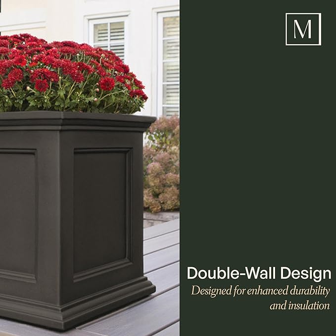 Mayne Fairfield 20-Inch Square Planter – Self-Watering, Weather-Resistant Planter for Flowers – Durable Outdoor Design for Patio, Porch, or Entryway, Graphite Grey