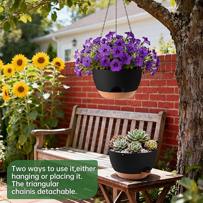 3-Piece Set of 10-Inch Hanging Planters with Automatic Watering System and Drip Tray, Includes Metal Chain, Suitable for Various Indoor and Outdoor Plants and Flowers, Black-Brown