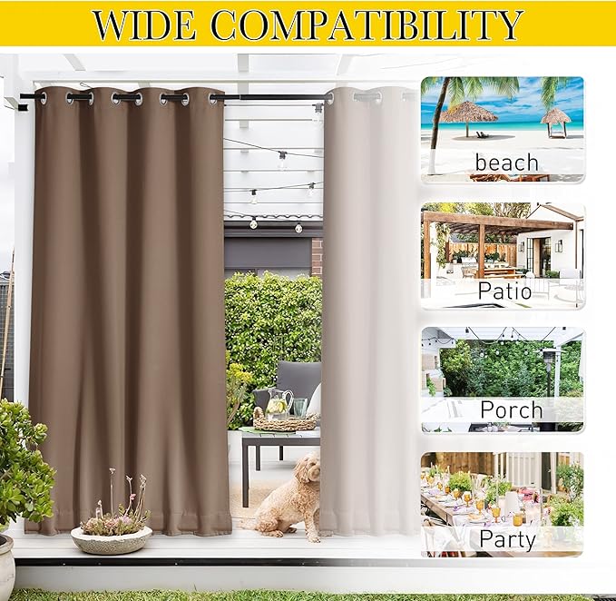 NICETOWN 2 Panels Waterproof Outdoor Curtains Fixed Grommet & Back Tab on Top & Bottom, Thermal Insulated Keep Rain & Sun Out Blackout Windpoorf Outdoor Draperies with Rope, W52 by L108, Tan-Khaki