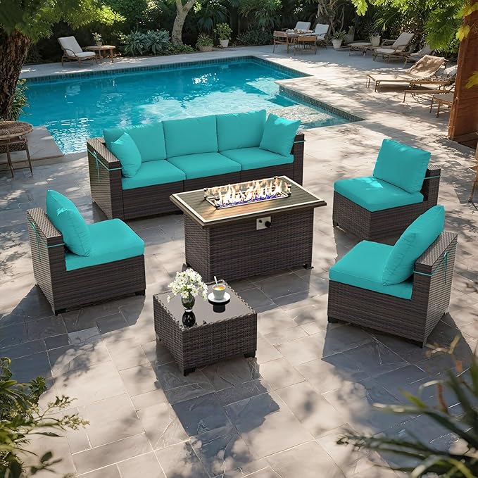 ALAULM Patio Furniture Set with Fire Pit Table 55000 BTU, Outdoor Sectional with Wide Seat and Thick Cushion, 8 Piece Wicker Rattan Conversation Set with Coffee Table for Garden, Deck, Turquoise