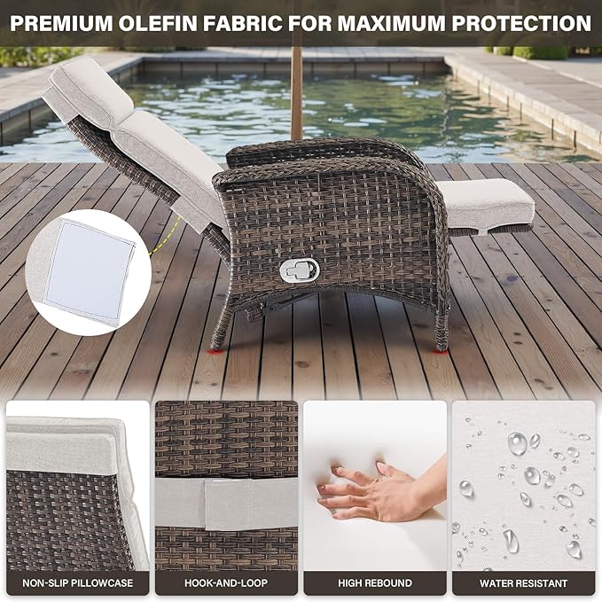 Belord Versatile Outdoor Recliner Chair - Reclining Patio Chair Set of 2 with Adjustable Backrest and Footrest, All-Weather Wicker Chaise Lounge Chair Outdoor for Pool Deck Brown