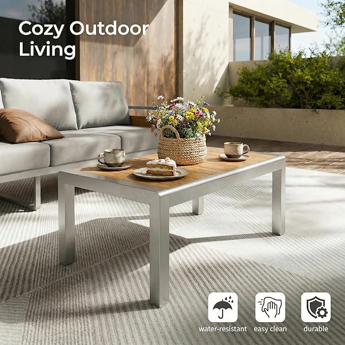 ZANDOR Aluminum Outdoor Patio Conversation Furniture Set, 5 PCS Metal Modern Outside Sectional Lawn Furniture with Coffee Table & Washable Thick Cushions,Seating Sofa for Garden/Backyard/Porch Silver