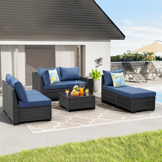 7 Pieces Patio Furniture Set All-Weather Outdoor Wicker Sectional Conversation Sofa Rattan Patio Seating Sofa with Cushion and Glass Table and Ottoman for Porch Poolside,Navy