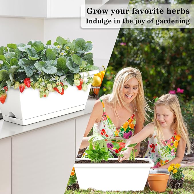 8pcs Rectangle Window Boxes Planters, 17 Inches Long Window Sill Planter Box Outdoor, Plastic Rectangular Window Flower Herb Pots Indoor with Drainage Holes and Trays for Garden Windowsill Light Grey