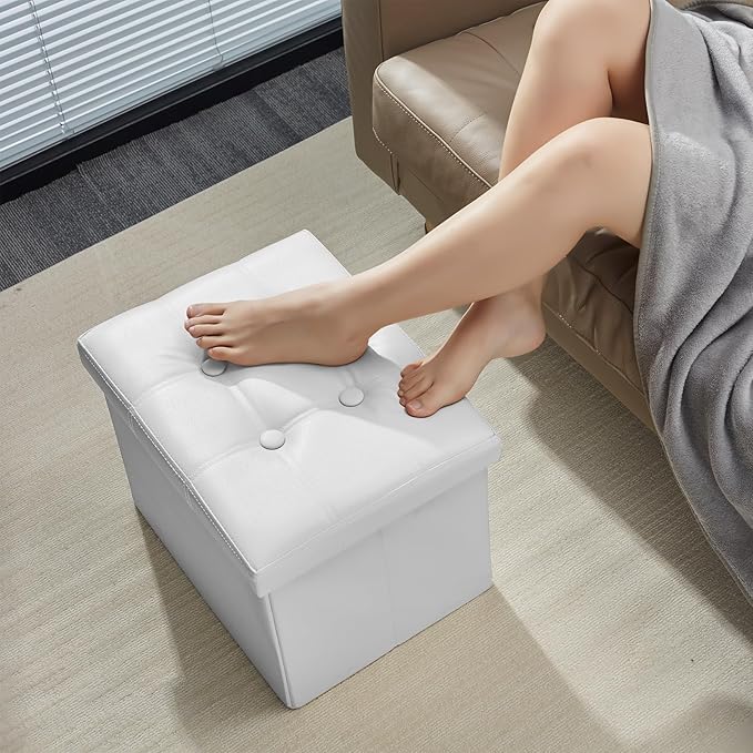 AmasSmile Storage Ottoman Folding Foot Rest Stool, Leather Footstool Bench, Short Ottoman Stool, Storage Foot Rest Store, Books (White, 17" D x 13" W x 13" H)