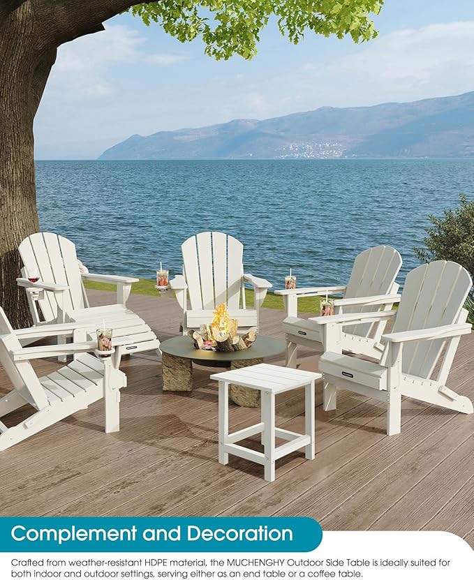 MUCHENGHY Adirondack Outdoor Side Table, 14.7" Patio Side Table Weather Resistant, HDPE Outdoor End Tables for Patio, White